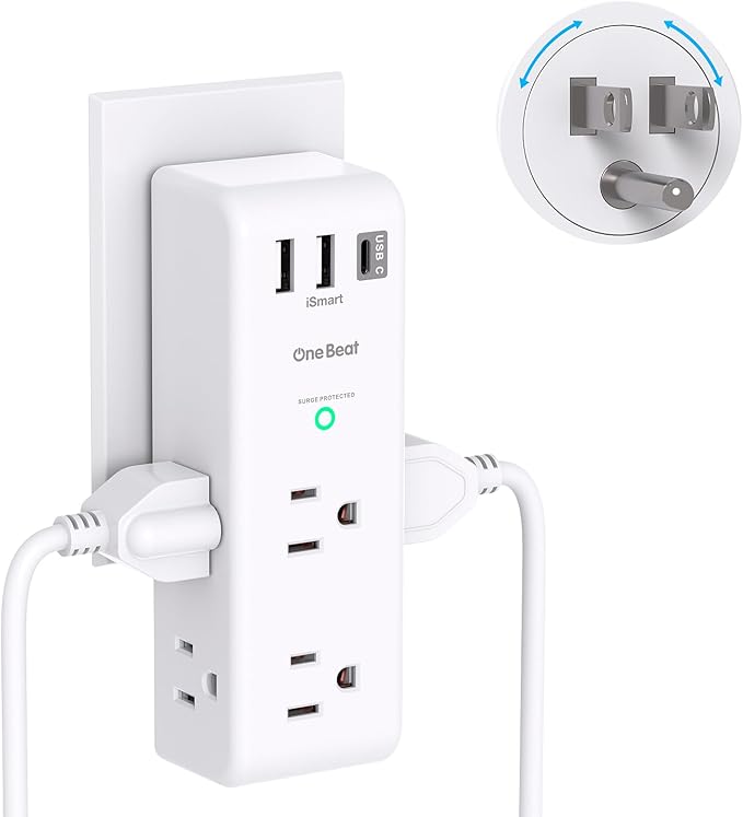 Surge Protector Outlet Extender with Rotating Plug - One Beat 6 AC Multi Plug Outlet with 3 USB Ports (1 USB C), 1800J Wall Charger, 3-Sided Power Strip Spaced Outlet Splitter for Home Office Travel