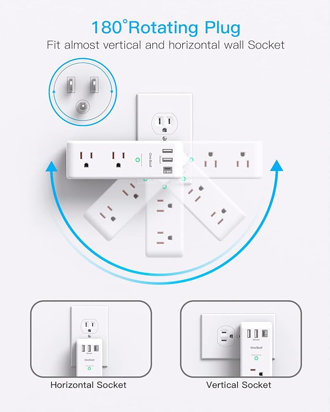 Surge Protector Outlet Extender with Rotating Plug - One Beat 6 AC Multi Plug Outlet with 3 USB Ports (1 USB C), 1800J Wall Charger, 3-Sided Power Strip Spaced Outlet Splitter for Home Office Travel