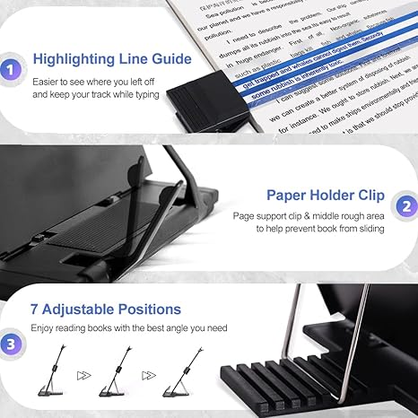 Desktop Document Holder Stand with 7 Adjustable Positions, Black Metal File Organizer Management Copyholder for Typing Speech Reading A4 Letter Music Book Tablet Office, with Paper Clip and Line Guide