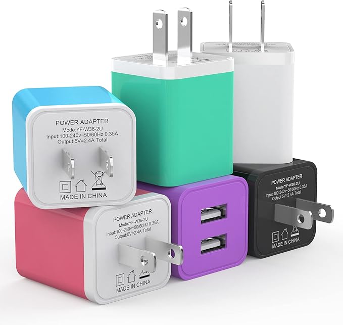 6Pack USB Wall Charger, iGENJUN 2.4A Dual USB Port Cube Power Plug Adapter Fast Phone Charger Block Charging Box Brick for iPhone 16/16 Pro/16 Pro Max/15, Samsung Galaxy, Pixel, LG, Android-Colorful