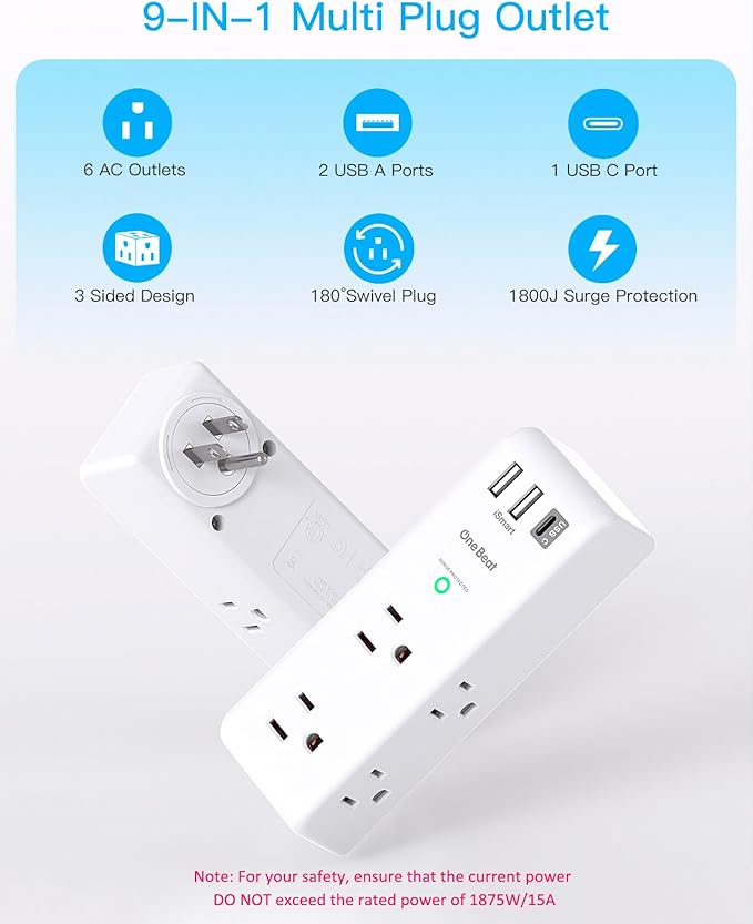 Surge Protector Outlet Extender with Rotating Plug - One Beat 6 AC Multi Plug Outlet with 3 USB Ports (1 USB C), 1800J Wall Charger, 3-Sided Power Strip Spaced Outlet Splitter for Home Office Travel