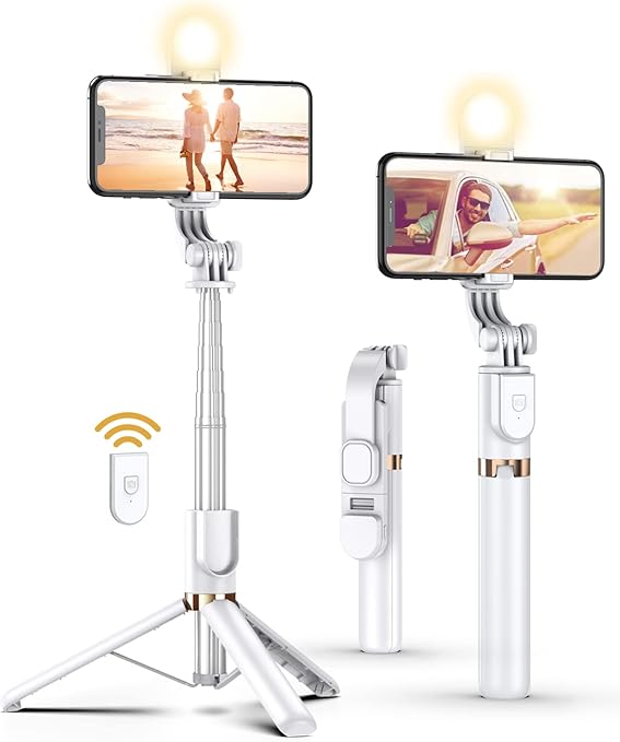 Selfie Stick Tripod with Wireless Remote, 46'' Cellphone Selfie Stick Tripod with LED Fill Light, for iPhone 16/15/14/14 pro/13/13 Pro/12/11/11 Pro/XS Max/XS/XR/X/8/7 and Android Smartphone(Upgrade)