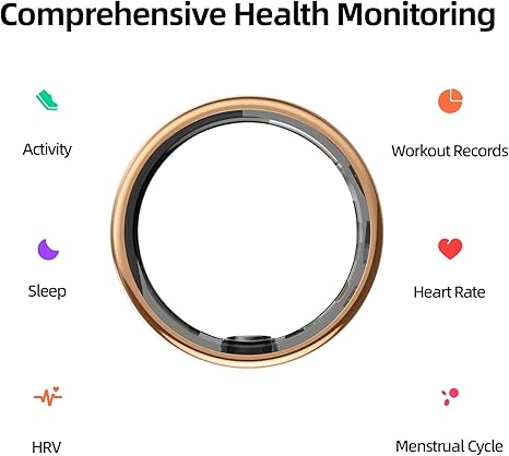 Smart Ring for Women&Men-Activity/Sleep/Heart Rate/HRV/Stress/Women's Health Tracker-IP68 Waterproof/Wearable-No Subscription Fee Required-Compatible with iPhone &Android (Gold, 8)