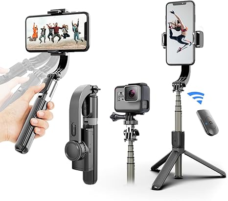 Gimbal Stabilizer for Smartphone ,with Retractable Selfie Stick and Tripod,1-Axis Multifunction Remote 360°Automatic Rotation, Auto Balance for iPhone/Android
