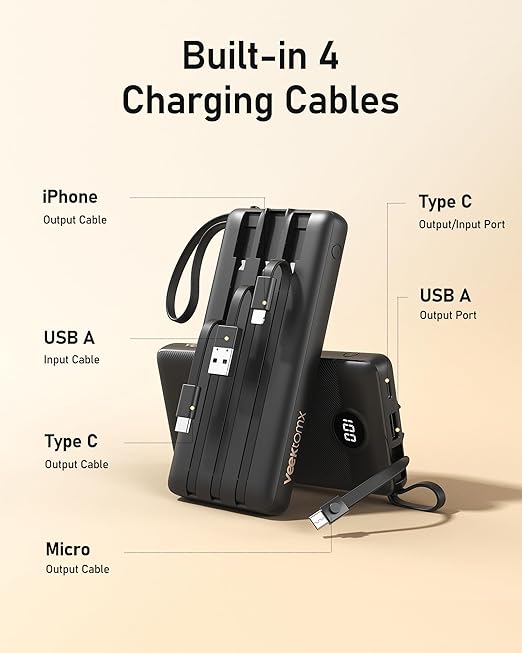 VEEKTOMX Portable Charger with Built-in Cables 10000mAh Power Bank for iPhone Slim Fast Charge USB C Battery Pack Travel Essentials Powerbank Compatible with iPhone, Samsung, Android, etc