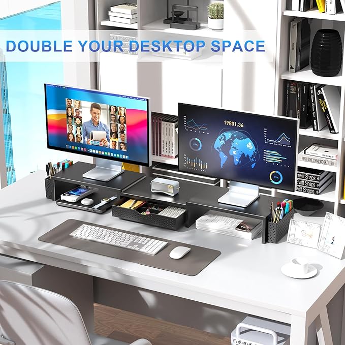 gianotter Dual Monitor Stand Riser, Desk Organizer With Drawer and 2 Pen Holders, Computer Monitor Stand, Desk Shelf for Top of Desk, Balck