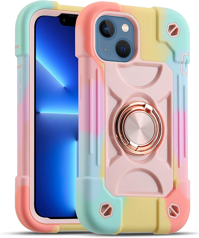 MARKILL Compatible with iPhone 14 Case/iPhone 13 Case 6.1 Inch with Built-in 360°Rotating Ring Stand, Military Grade Drop Protection Full Body Rugged Heavy Duty Protective Cover. (Rainbow Pink)