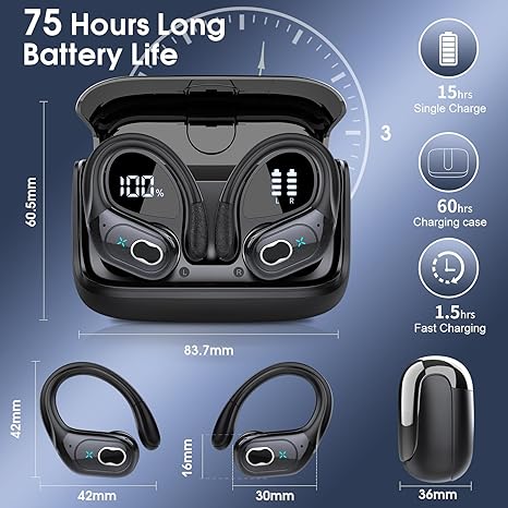 Wireless Earbuds 75hrs Bluetooth 5.4 Headphone Sport, 2025 Bluetooth Earbuds Stereo Deep Bass Over Ear Bud with Earhooks, ENC Noise Cancelling Mic, IPX7 Waterproof Earphone for Workout/Running