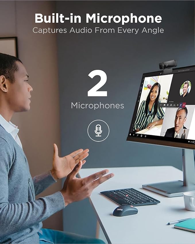 Lenovo Essential Full HD 1080P Webcam, Dual Microphone, No Driver 1.8m USB 2.0, Wide-Angle, Tilt-Control, 360-Degree Rotation, Black