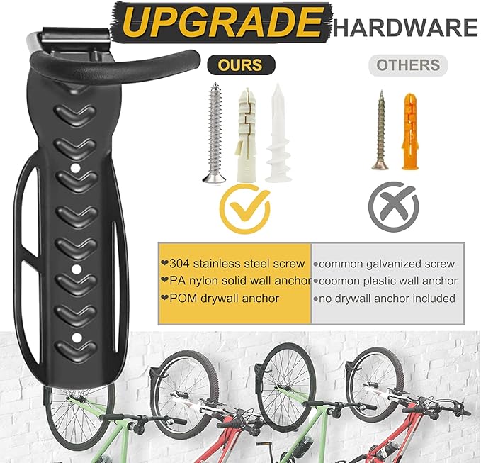 Bike Rack for Garage Wall Mount 4 Pack Vertical Bike Hooks Bicycle Hanging Hooks for Indoor Storage with Non-reversible Hooks