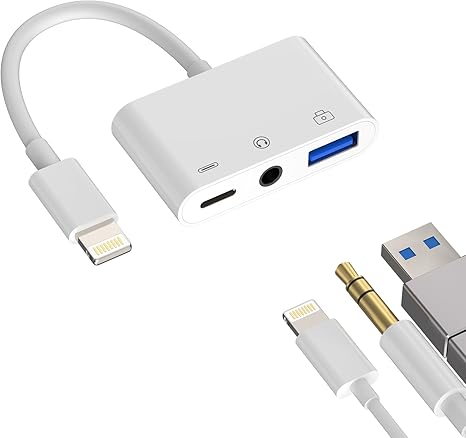 3.5mm Headphone to Lightning Jack USB Charger AUX 3in1 Cable Dongle Iphone Audio OTG Adapter for Apple 14 13 12 11 Pro Max Xr X 8 7 Plus Ipad Camera Mouse Keyboard Memory Stick Flash Drive Card Reader