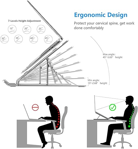 Laptop Stand for Desk, Ergonomic Design Adjustable Aluminum Foldable Portable Computer Stand, Compatible with MacBook Air Pro, HP, Lenovo, Dell, More 10-15.6”Inch and Tablets (Silver)