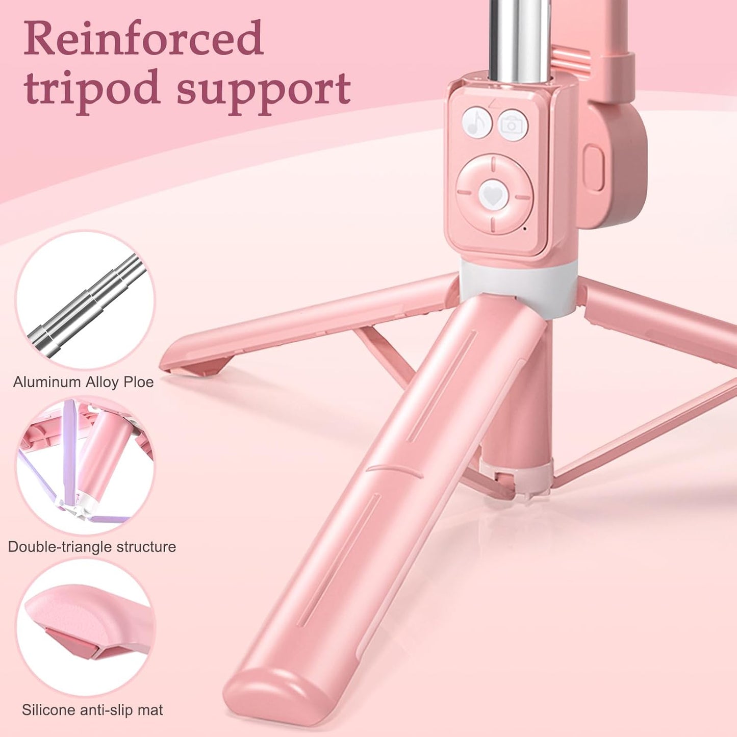Selfie Stick Tripod with Fill Light, Phone Selfie Stick,Durable Stainless Steel Design,Bluetooth Remote Control,and Stable Three-Legged Support for Live Broadcasts,Video Shooting (Pink)