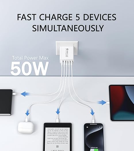 2Pack USB C Fast Charger Block,50W 5-Port USB Wall Charger Brick,2 USB A & 3 USB C PD3.0 Power Adapter Multiport Type C Charging Plug for iPhone 16/15/14/13,Pad Mini/Pro,AirPods 4,GalaxyS23(White)