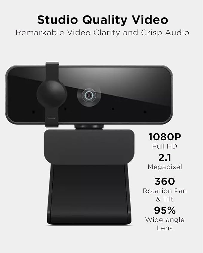 Lenovo Essential Full HD 1080P Webcam, Dual Microphone, No Driver 1.8m USB 2.0, Wide-Angle, Tilt-Control, 360-Degree Rotation, Black