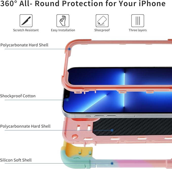 MARKILL Compatible with iPhone 14 Case/iPhone 13 Case 6.1 Inch with Built-in 360°Rotating Ring Stand, Military Grade Drop Protection Full Body Rugged Heavy Duty Protective Cover. (Rainbow Pink)
