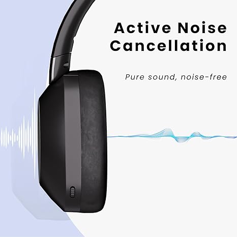 QuietPro A2 Over-Ear Bluetooth Headphones, 60H Playtime, Active Noise Cancelling, Deep Bass, Memory Foam Ear Cups for Apple, Android, Home Office, Travel - Black