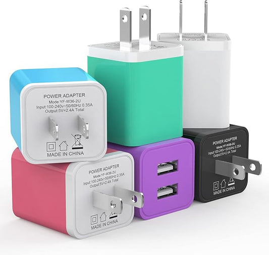 6Pack USB Wall Charger, iGENJUN 2.4A Dual USB Port Cube Power Plug Adapter Fast Phone Charger Block Charging Box Brick for iPhone 16/16 Pro/16 Pro Max/15, Samsung Galaxy, Pixel, LG, Android-Colorful