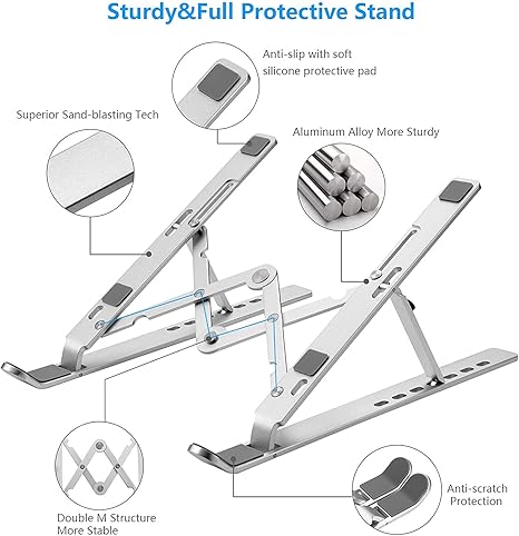 Laptop Stand for Desk, Ergonomic Design Adjustable Aluminum Foldable Portable Computer Stand, Compatible with MacBook Air Pro, HP, Lenovo, Dell, More 10-15.6”Inch and Tablets (Silver)