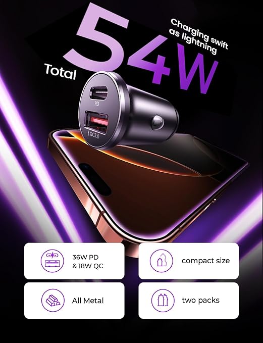 LISEN 54W Car Phone Charger USB C, Cigarette Lighter Adapter, Car Accessories for iPhone, USB C Car Charger Adapter USBC Type C 12v, for 17 iPhone 16 Pro Max 15 14 13 12, Samsung Google iPad Andorid