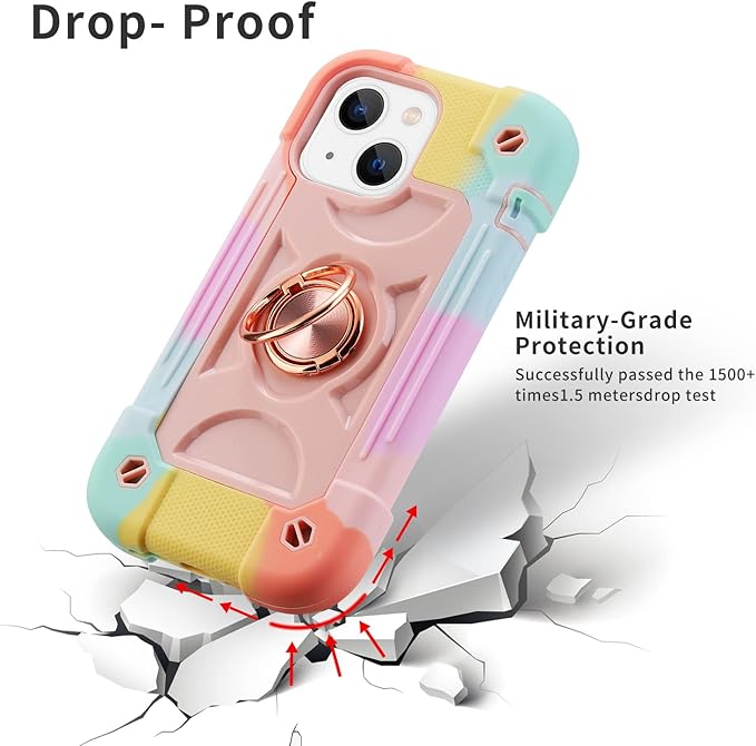 MARKILL Compatible with iPhone 14 Case/iPhone 13 Case 6.1 Inch with Built-in 360°Rotating Ring Stand, Military Grade Drop Protection Full Body Rugged Heavy Duty Protective Cover. (Rainbow Pink)