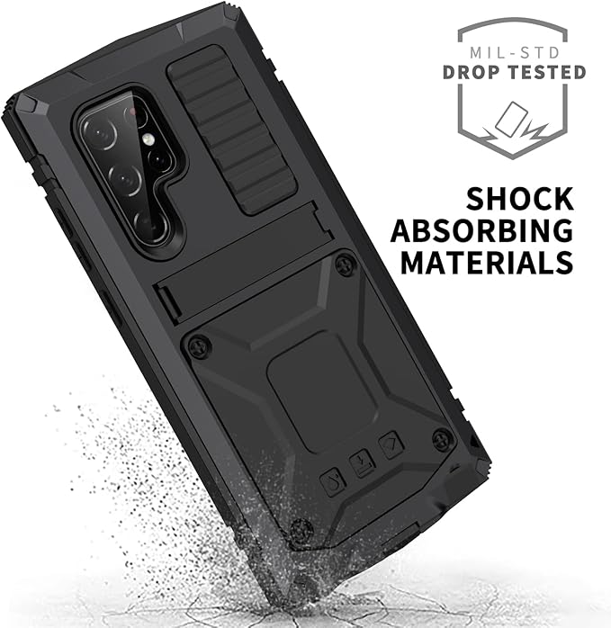 Samsung S22 Ultra Metal Case with Screen Protector Camera Protector Military Rugged Heavy Duty Shockproof Case with Stand Full Cover Tough case for Samsung S22 Ultra (S22 Ultra, Black)