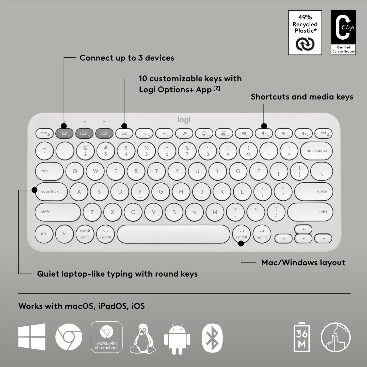Logitech K380S Pebble Keys 2 Wireless Keyboard (White)