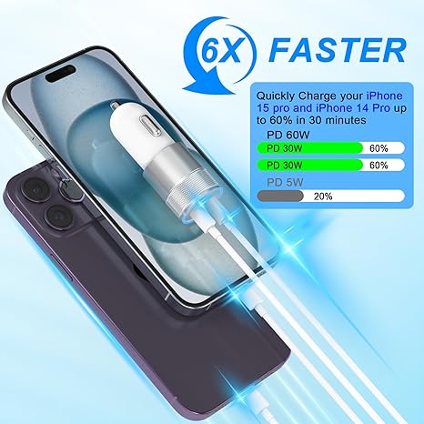 iPhone Car Charger Fast Charging, [Apple MFi Certified] 60W Dual USB-C Power Cigarette Lighter Car Charger+Type-C Cable&Lightning Cable for iPhone 16 15 14 13 12 Pro Plus XS XR iPad, Samsung, Carplay