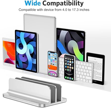 OMOTON [Updated Dock Version] Vertical Laptop Stand, Double Desktop Stand Holder with Adjustable Dock (Up to 17.3 inch), Fits All MacBok/Surface/Samsung/HP/Dell/Chrome Book (Silver)