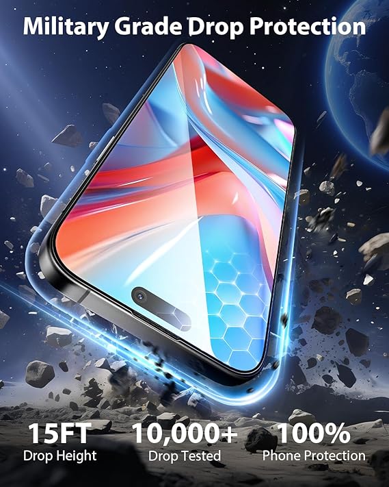 Mkeke for iPhone 15 Pro Max Screen Protector 3 Pack [9H+ Tempered Glass] [15FT Military-Grade Drop Protection] Shockproof Full Edge Coverage 6.7 inch