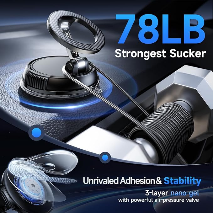 Car Phone Holder for Magsafe [78+LBS Strongest Suction & 2400gf Strongest Magnetic] 360° Adjustable Car Phone Mount, Phone Holders for Your Car for iPhone 16 Pro Max 15 14 13 12 Plus (Carbon Fiber)