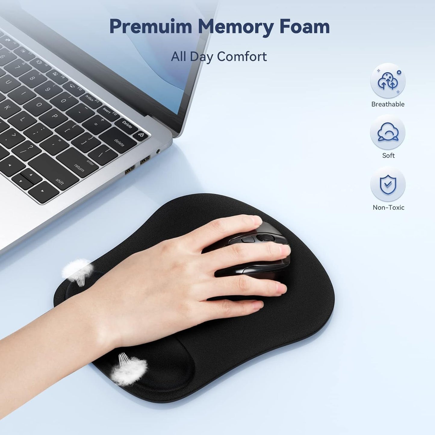 TECKNET 2 Pack Mouse Pad with Wrist Support, Ergonomic Gaming Mouse Pad Pain Relief, Portable Comfortable Mousepad for Computer, Laptop, Office, Home Non-Slip Base, Waterproof Surface - Black
