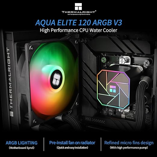 Thermalright Aqua Elite 120 V3 AIO CPU Cooler, 120mm Liquid Cooling, ARGB PWM Fans, Intel LGA1150-1200/AMD AM4-AM5