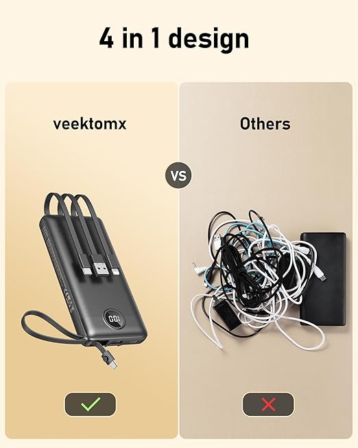 VEEKTOMX Portable Charger with Built-in Cables 10000mAh Power Bank for iPhone Slim Fast Charge USB C Battery Pack Travel Essentials Powerbank Compatible with iPhone, Samsung, Android, etc