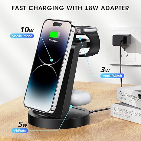 3 in 1 Charging Station for iPhone, Wireless Charger for iPhone 16e 16 15 14 13 12 11 X Pro Max & Apple Watch - Wireless Charging Station for AirPods 4 3 Pro