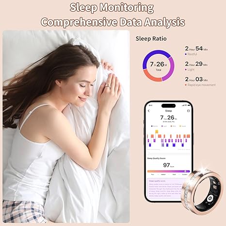 Smart Ring for Women & Men - Health & Fitness Tracker with Heart Rate, Blood Oxygen, Sleep Monitoring, 128 Sports Modes, IP68 Waterproof, Gesture Control, No Subscription Fees (7#)