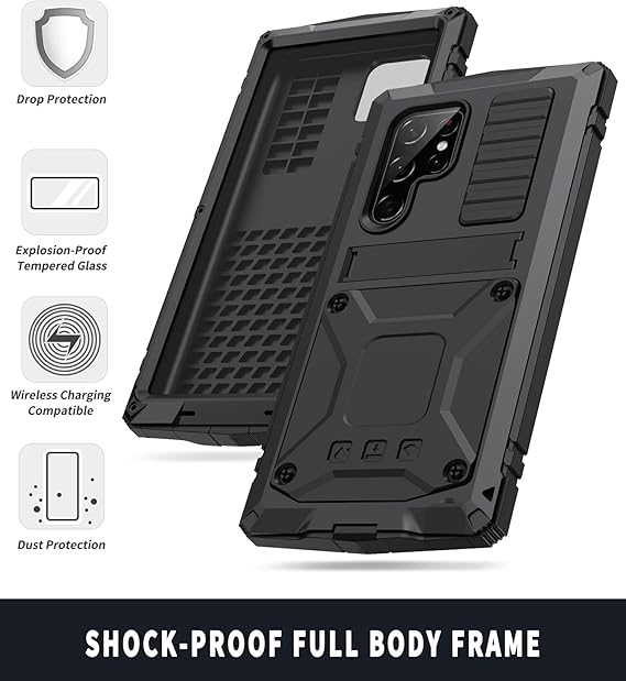 Samsung S22 Ultra Metal Case with Screen Protector Camera Protector Military Rugged Heavy Duty Shockproof Case with Stand Full Cover Tough case for Samsung S22 Ultra (S22 Ultra, Black)