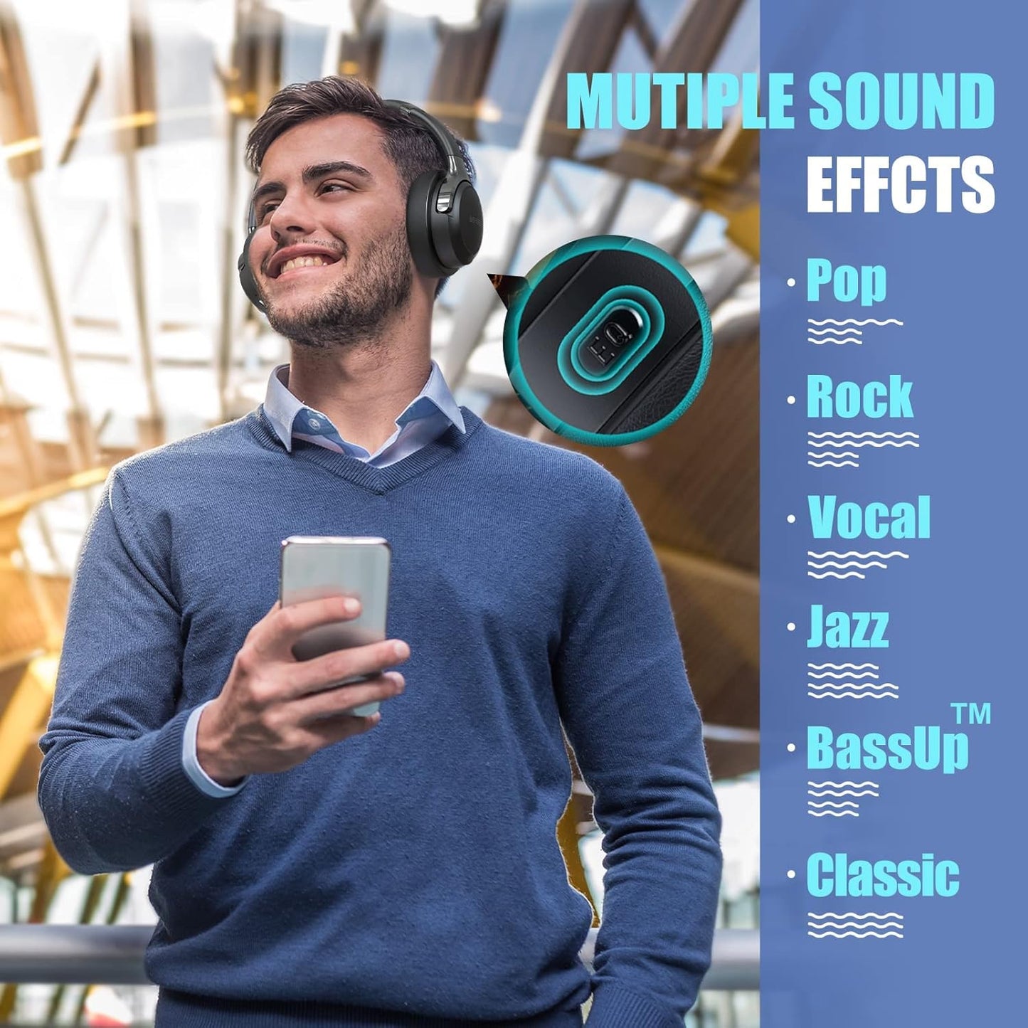 BERIBES Bluetooth Headphones Over Ear, 65H Playtime and 6 EQ Music Modes Wireless with Microphone, HiFi Stereo Foldable Lightweight Headset (Black)
