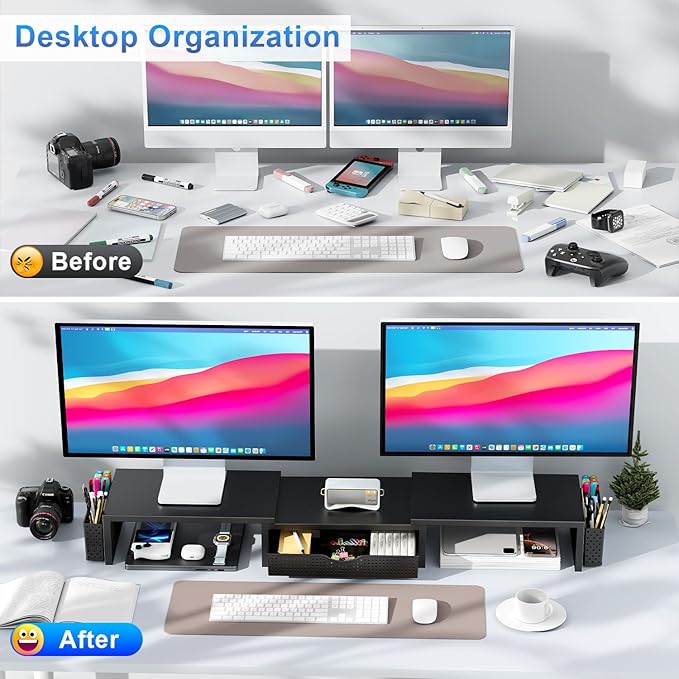 gianotter Dual Monitor Stand Riser, Desk Organizer With Drawer and 2 Pen Holders, Computer Monitor Stand, Desk Shelf for Top of Desk, Balck