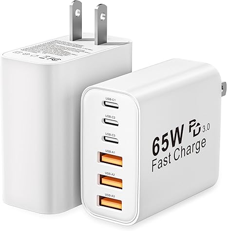 USB C Charger Block, 2-Pack 65W 6-Port USB C Wall Charger iPhone Charger Fast Charging PD Power Adapter+QC Wall Plug Multiport Type C Brick Chargers for iPhone 16 15 14 13 12 11 Pro Max XS,Samsung