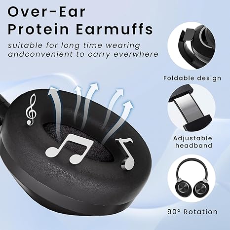 QuietPro A2 Over-Ear Bluetooth Headphones, 60H Playtime, Active Noise Cancelling, Deep Bass, Memory Foam Ear Cups for Apple, Android, Home Office, Travel - Black