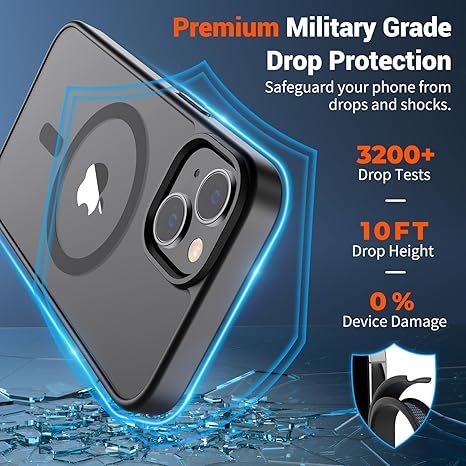 SUPFINE Magnetic for iPhone 14 Case & iPhone 13 Case (Compatible with MagSafe)(Military Grade Drop Protection) Translucent Matte Shockproof Phone Cover,Black