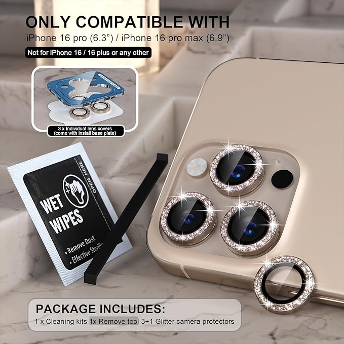 Choiche Compatible for iPhone 16 Pro/iPhone 16 Pro Max Camera Lens Protector Bling, 9H Tempered Glass Camera Cover Screen Protector Metal Ring Decoration Accessories(Glitter-Titanium Desert)