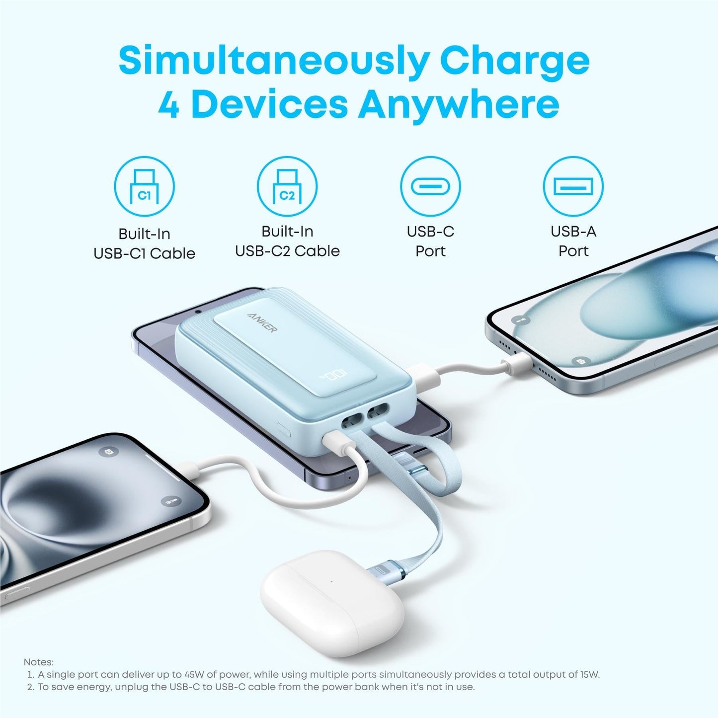 Anker Zolo 20k 45W Power Bank with Built-In Dual USB-C Cables (Blue)