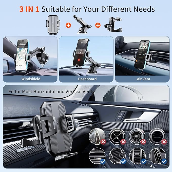 Upgraded 3-in-1 Car Phone Holder Mount [Powerful Suction] Phone Mount for Car Dashboard Air Vent Windshield,for All iPhone Android Phone (Black)