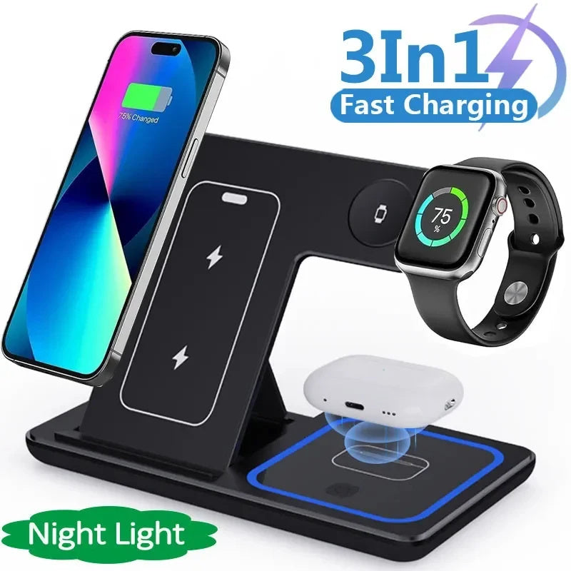 15W 3 In 1 LED Fast Wireless Charger Stand Foldable Charging Station