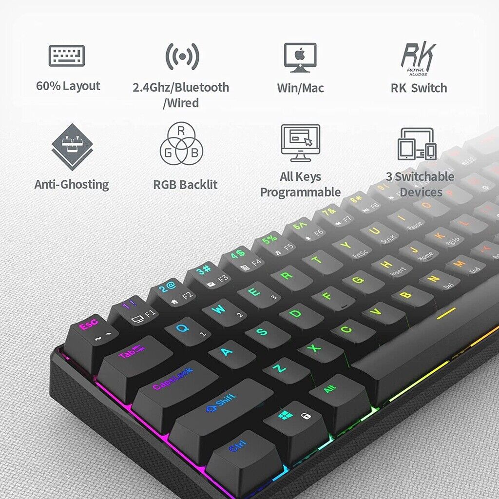 Royal Kludge RK61 TriMode RGB Hot Swappable Mechanical Keyboard Blue Switch (Black)